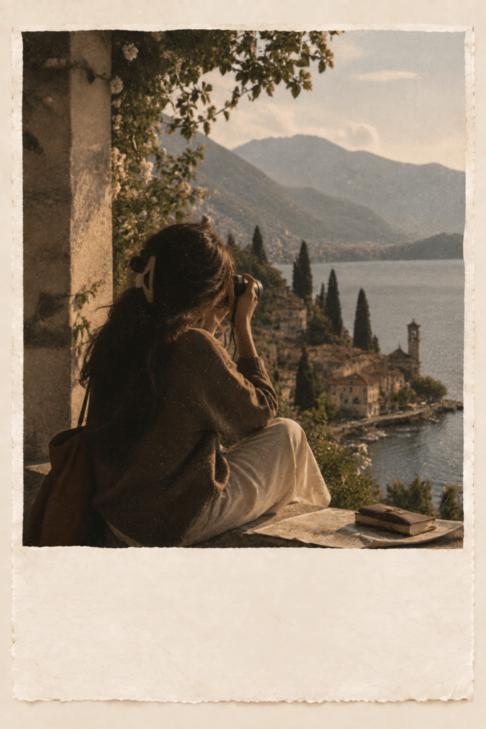 Polaroid of a woman overlooking a mountain lake — Frames in Pocket photo studio near me