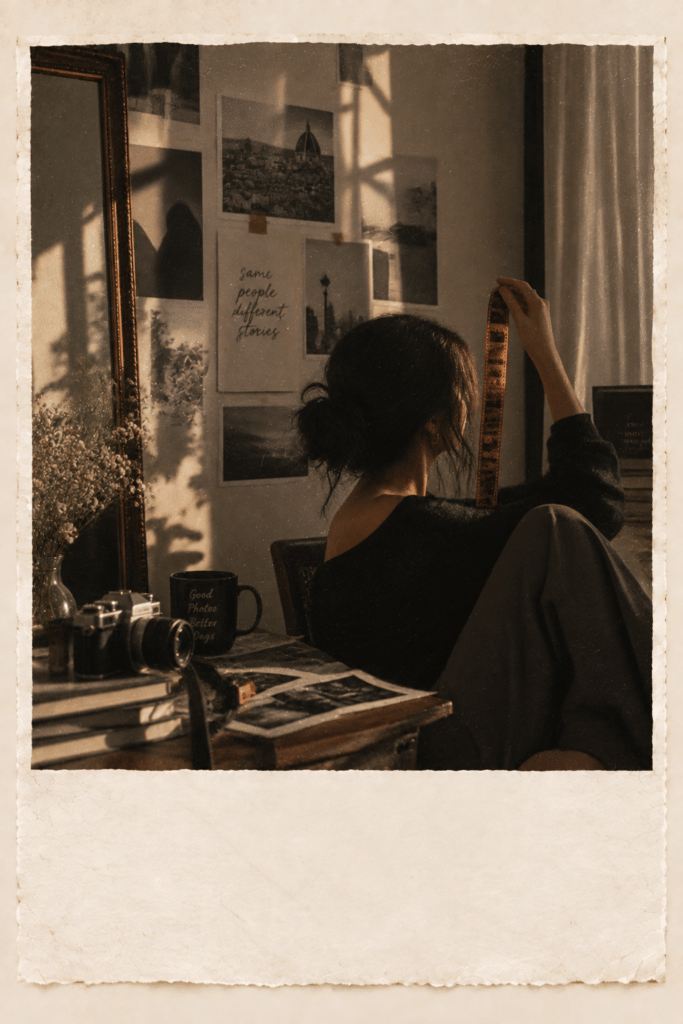Polaroid of a woman beside a window with photographs and a camera — Frames in Pocket photo studio near me