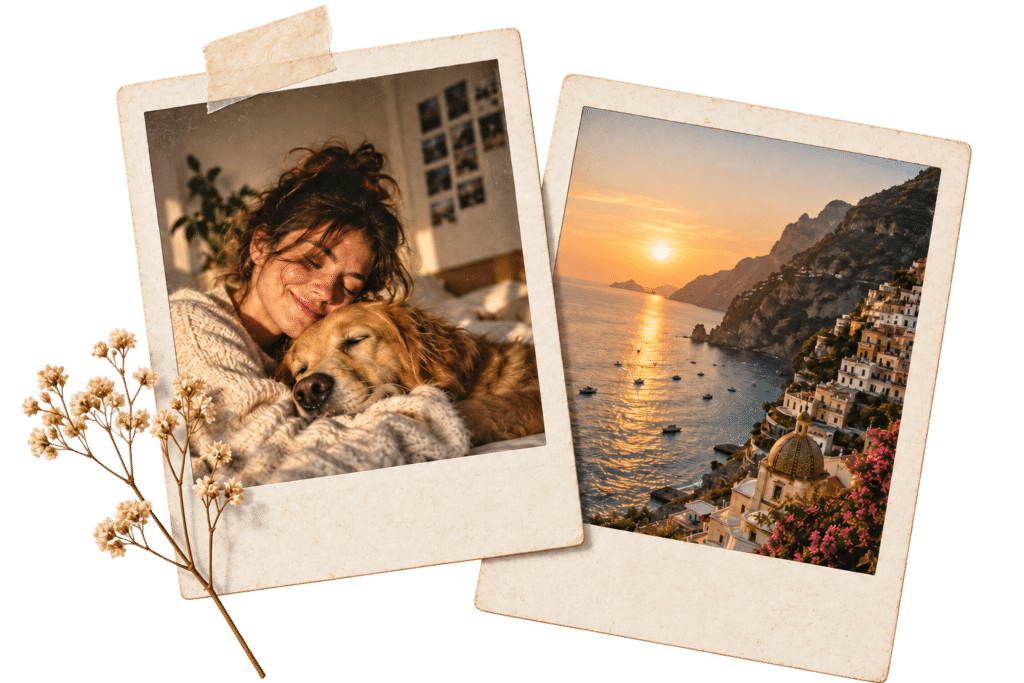 Polaroid collage of a woman and a coastal sunset — Frames in Pocket photo studio near me