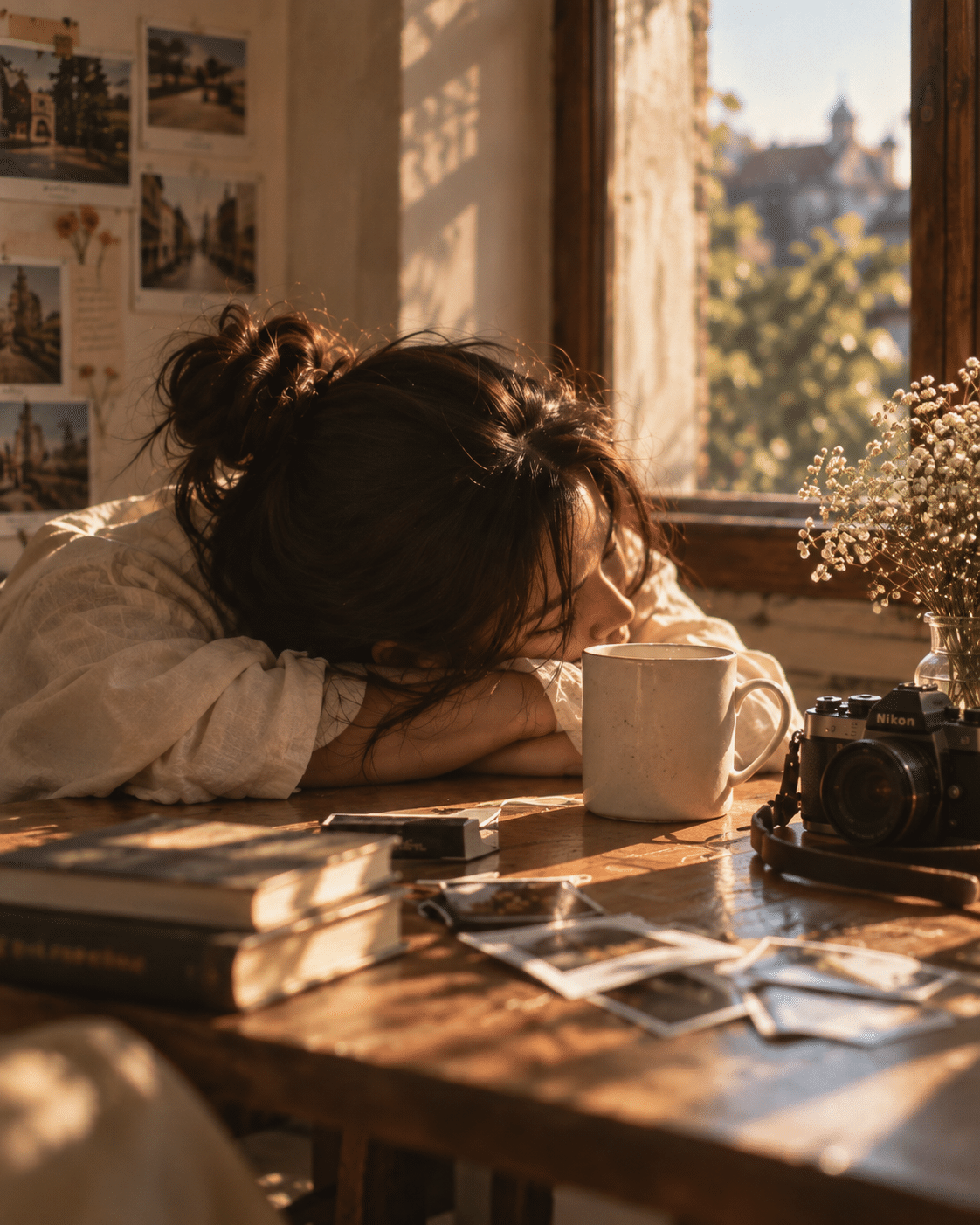 Woman resting beside a window with a camera and photographs on the table — Frames in Pocket photo studio near me