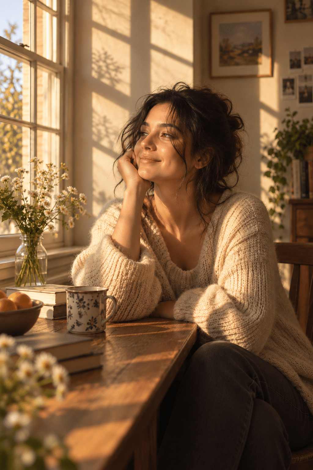 Woman smiling beside a sunlit window with a mug and camera — Frames in Pocket photo studio near me