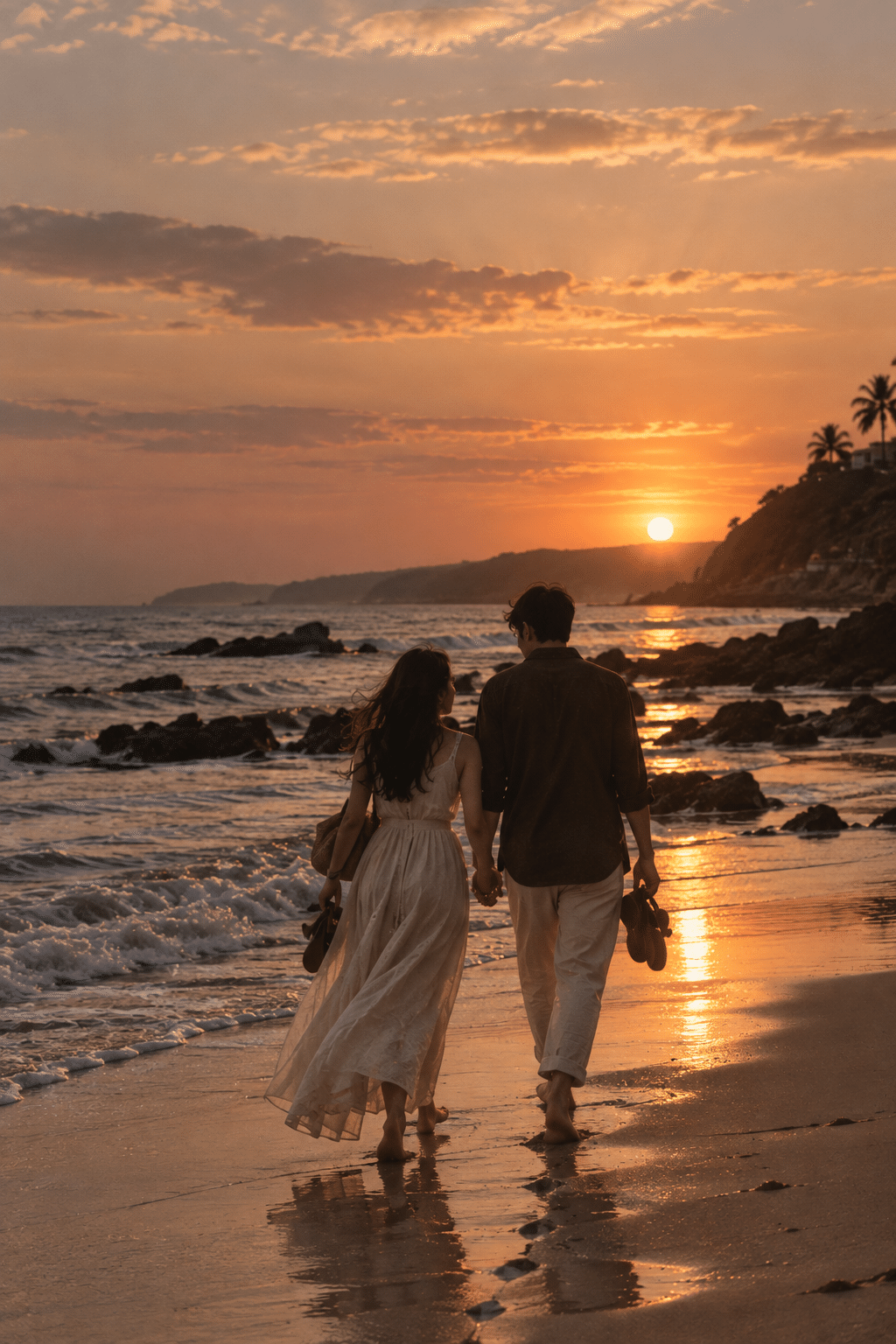 Couple holding hands along the shoreline at sunset — Frames in Pocket photo studio near me