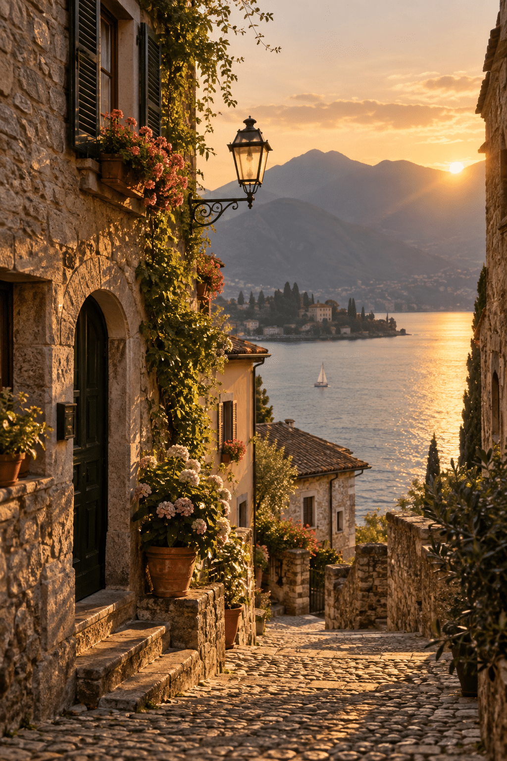 Flower-lined cobblestone lane overlooking a lake and mountains — Frames in Pocket photo studio near me