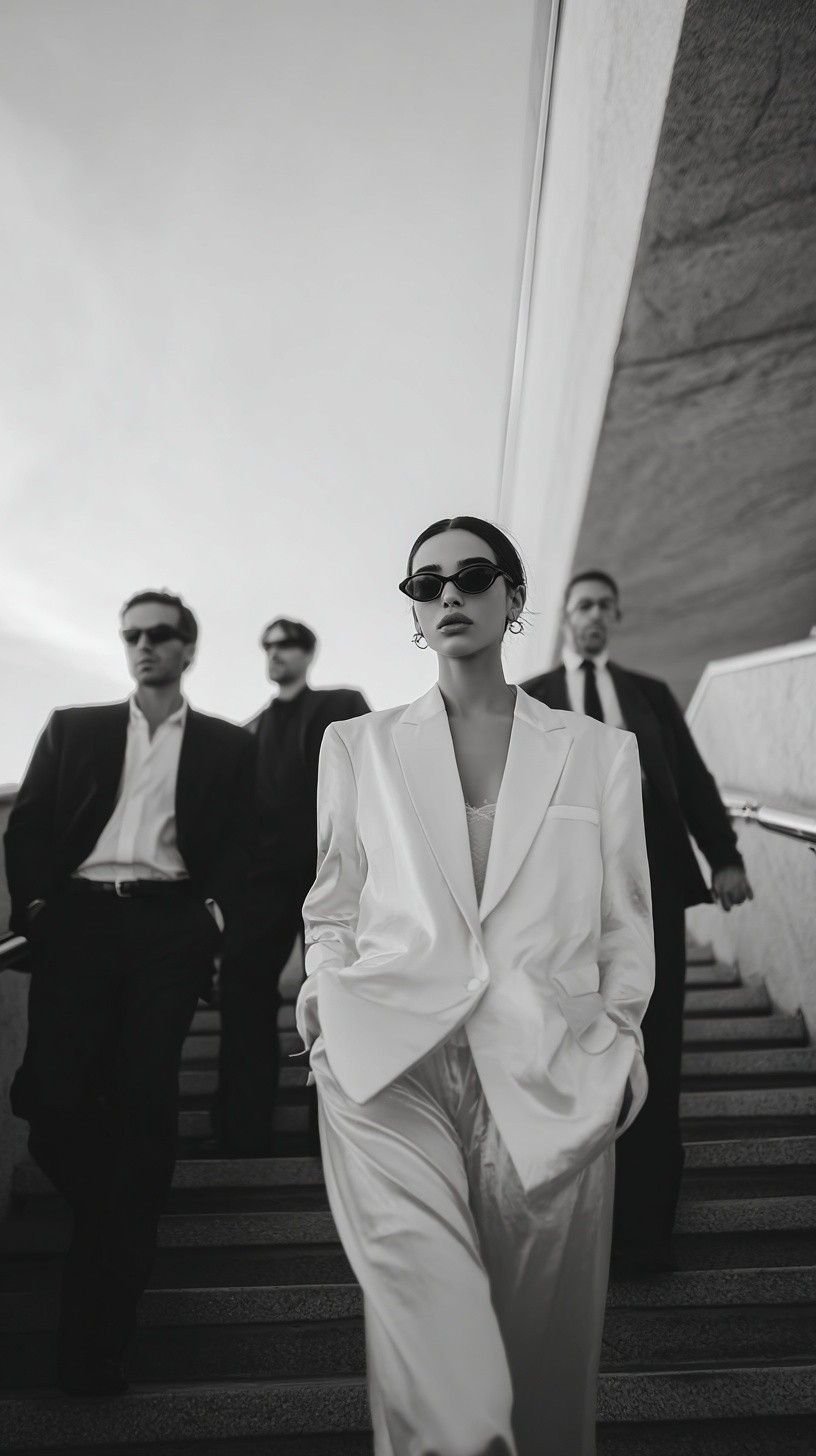 Model standing in a white outfit, illustrating monochrome editing techniques for black and white couple photography.