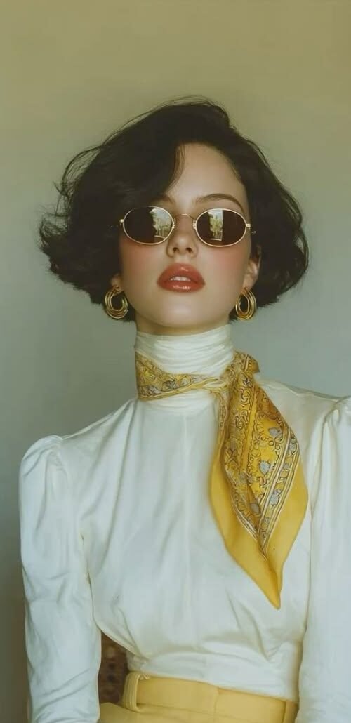 Vintage photography portrait of a woman wearing round sunglasses, a white blouse and a yellow scarf