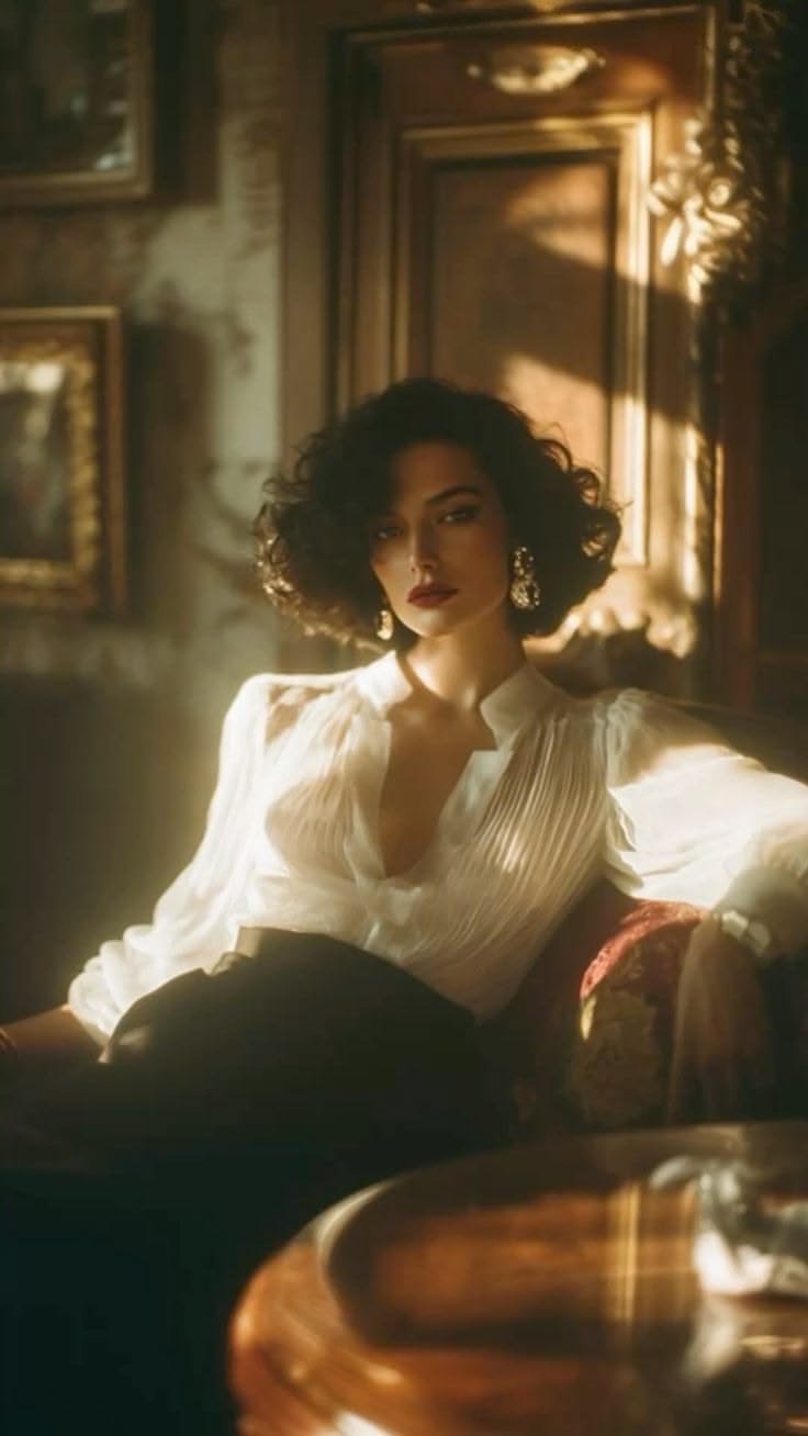 Vintage photography portrait of a woman in a white blouse seated beside an ornate mirror