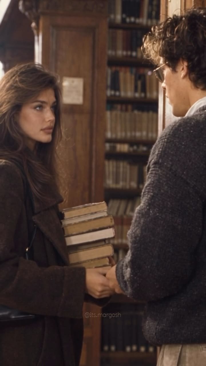 Vintage photography of a couple facing each other beside bookshelves, with the woman holding books